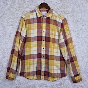 Portuguese Flannel Mens Yellow Burgundy Plaid Cotton Flannel Shirt Size M